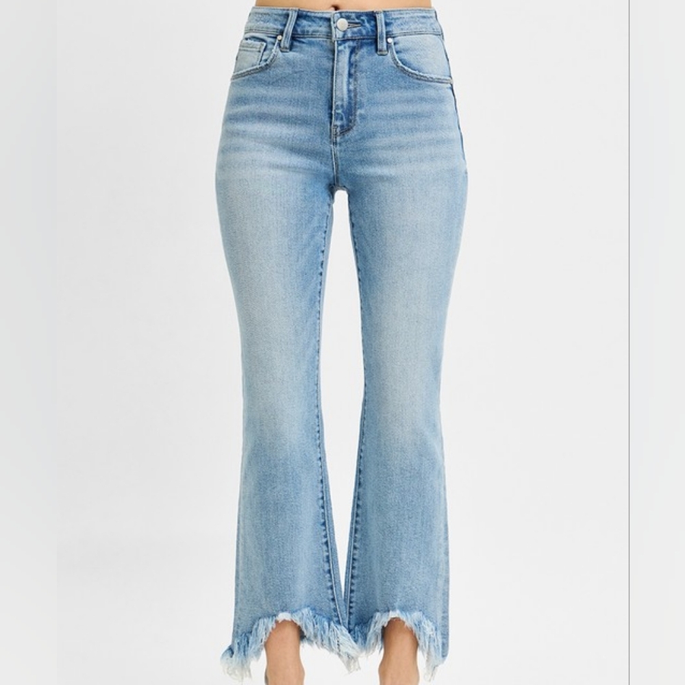 RISEN High Rise Crop Bootcut Fray Hem Jeans - Picture 12 of 13